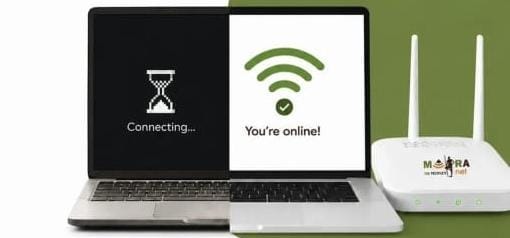 A laptop showing Connecting on one side and You're online on the other, beside a Maranet router